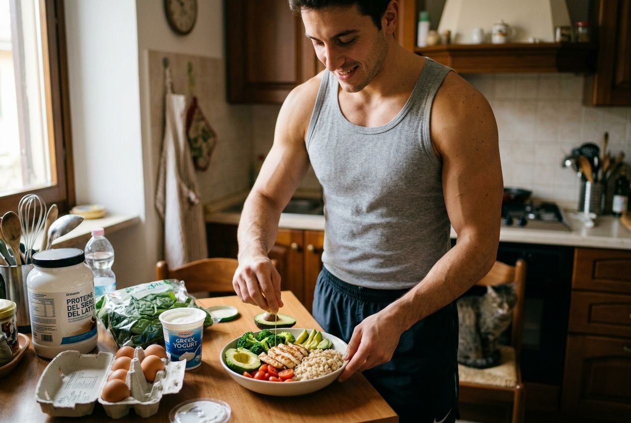 Uomo in cucina prepara una ciotola sana per la dieta per massa muscolare uomo, con uova, avocado, pomodori e cereali.