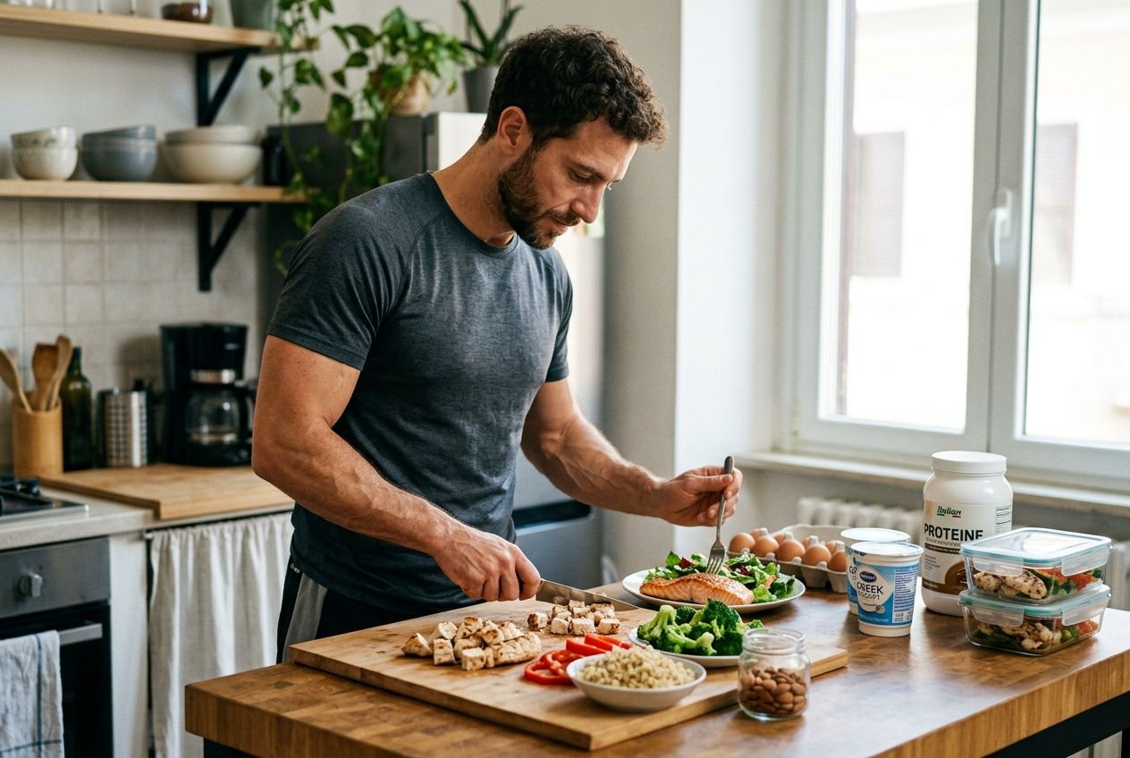 uomo in cucina taglia pollo e verdure su tagliere, prepara pasto proteico per mantenere massa muscolare mentre segue una guida su come perdere grasso senza perdere muscoli