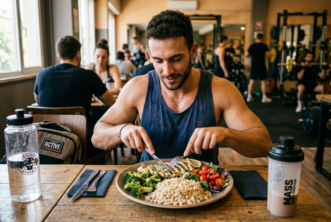 uomo in palestra che mangia per mettere massa muscolare velocemente: piatto con pollo, verdure e riso, bicchiere e shaker accanto.