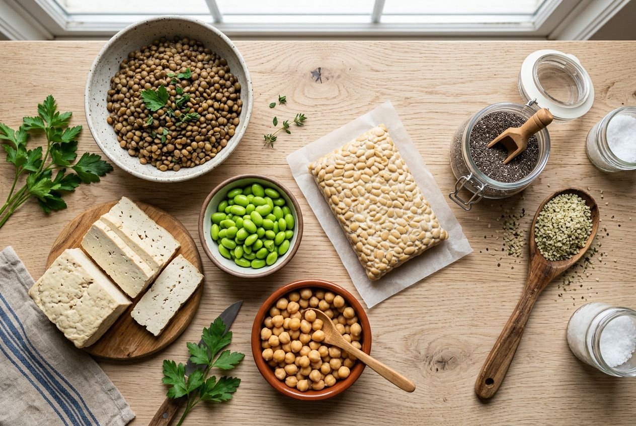 Variada comida vegetariana sobre mesa para dieta para ganar masa muscular y perder grasa, con legumbres, tofu, semillas y granos.