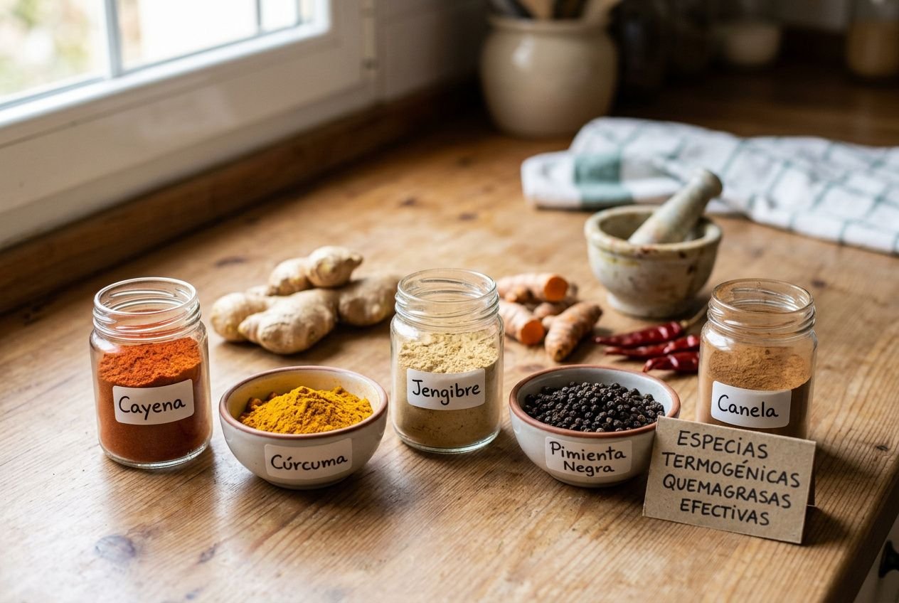 Variedad de especias en frascos y cuencos sobre mesa de madera: cúrcuma, cayena, jengibre, pimienta negra y canela, junto a una etiqueta que cita “20 alimentos para bajar de peso”.
