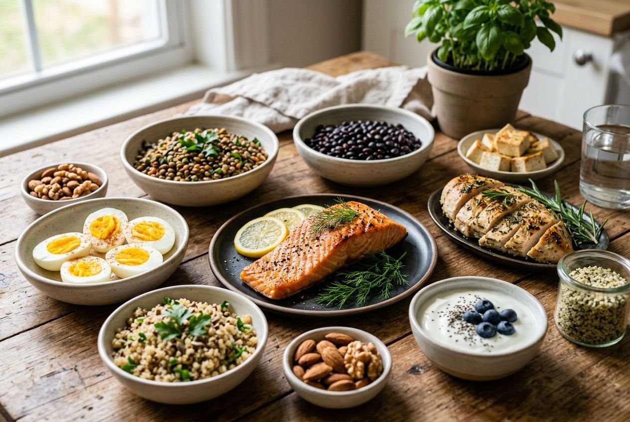 Variety of complete protein foods including eggs, chicken, fish, and dairy