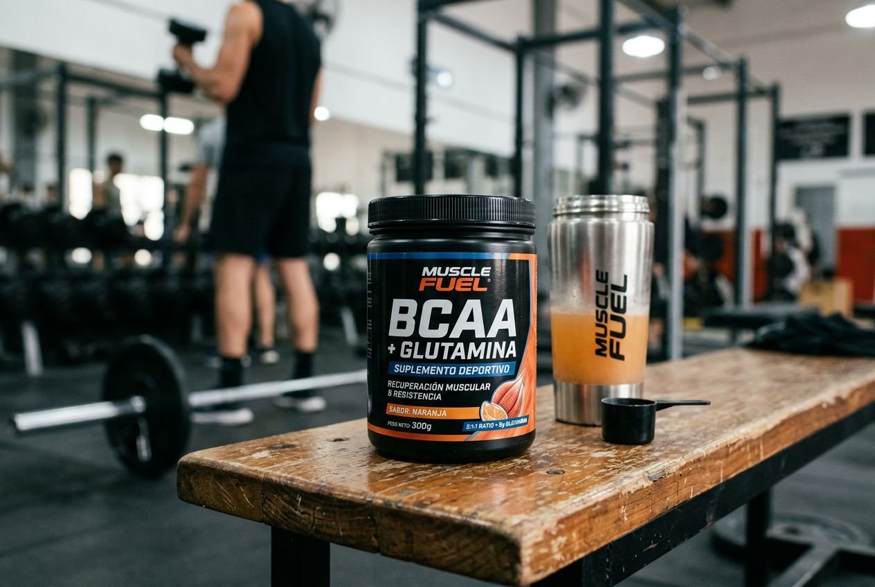 Vaso y envase de suplemento BCAA + Glutamina en una mesa de gimnasio, fondo con equipo de entrenamiento y persona en la zona de pesos. bcaa glutamina cuando tomar integrado naturalmente.