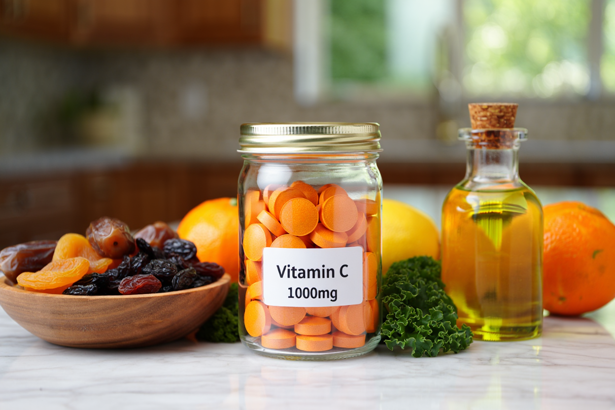 Vitamina C in compresse in barattolo, accanto a olio e frutta secca, simbolo di integratori consigliati dai nutrizionisti.