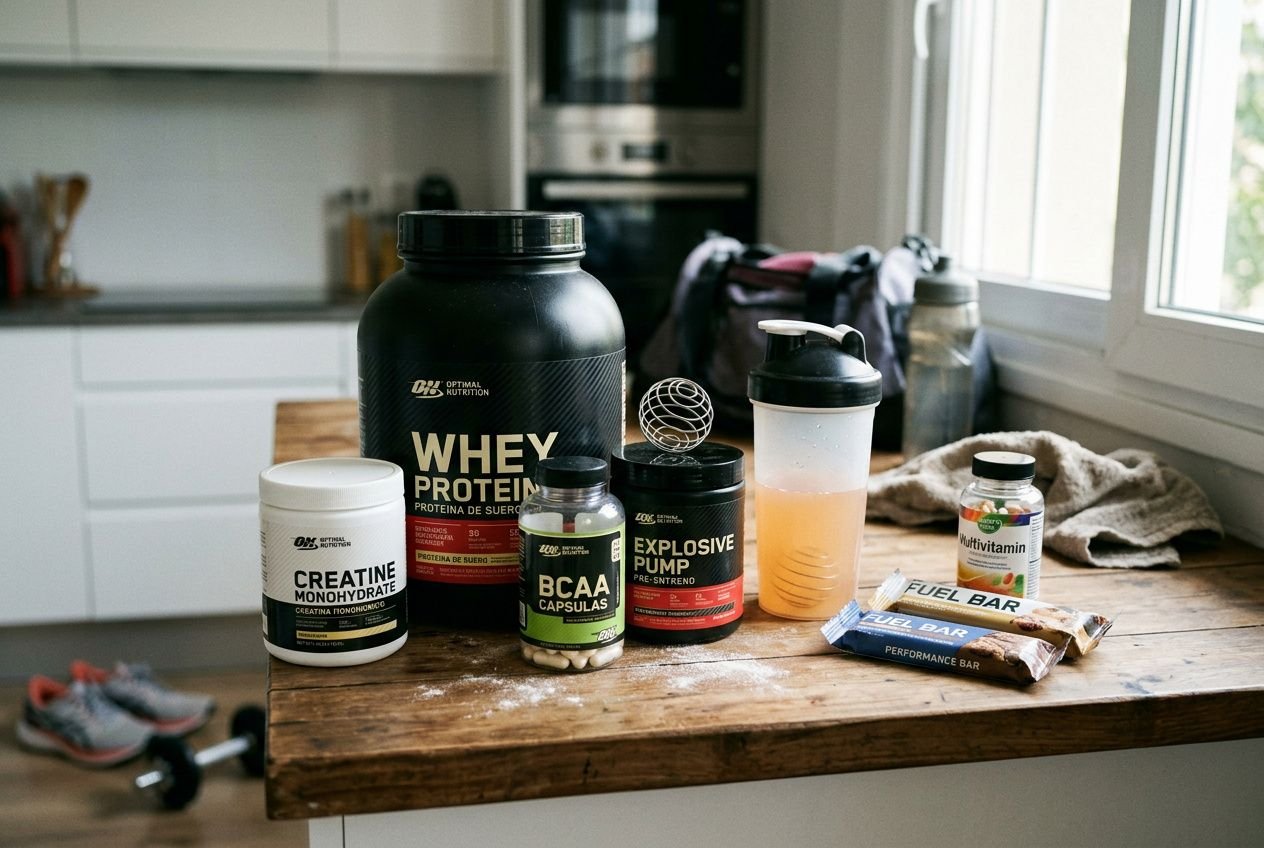 Vitrina de suplementos deportivos en una cocina: proteínas, creatina y BCAA, con un shaker y barrita, ideal para cómo optimizar el rendimiento deportivo