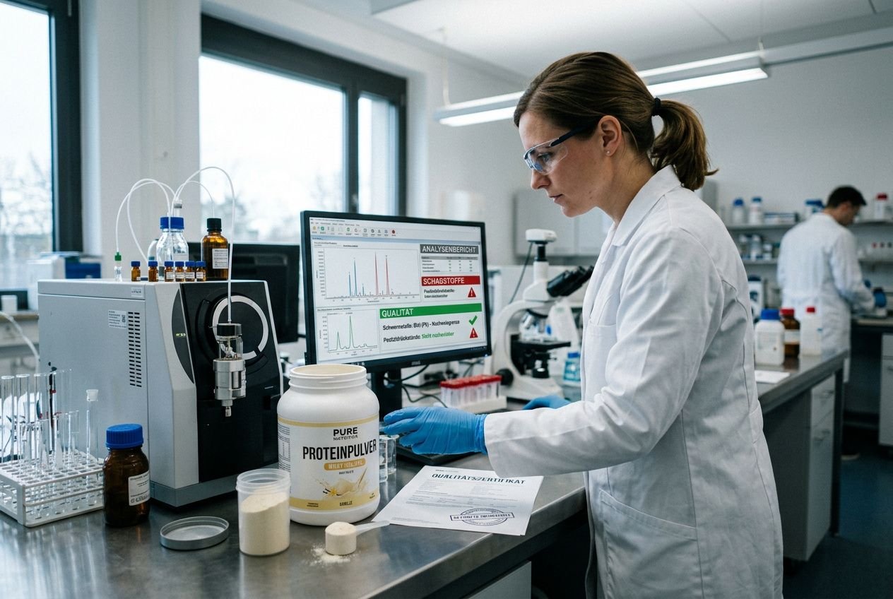Wissenschaftlerin im Labor prüft Pulverprotein: Flasche „ProteinPure“ neben Bechern, Messinstrumente und Monitor mit Analysediagrammen. ist proteinpulver ungesund.