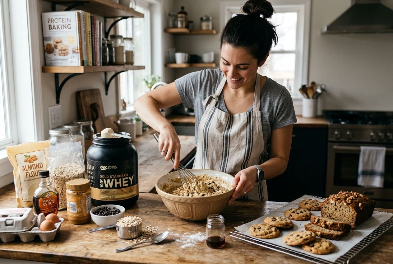 A woman in an apron mixes batter by hand in a bowl on a kitchen island, with oats, protein powder, and baking ingredients nearby, including cookies cooling on a rack. How to use protein powder in recipes is illustrated by the ingredients and setup.