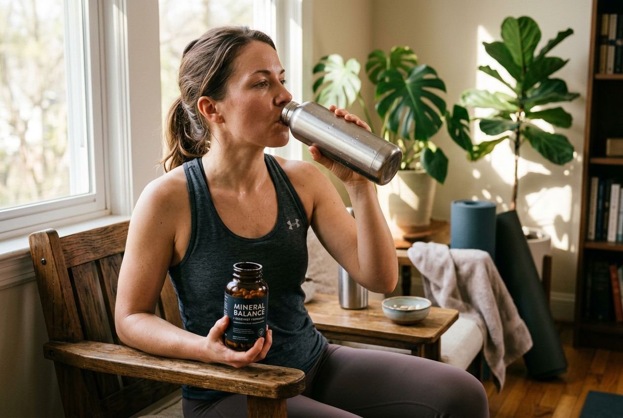 Woman in athletic wear drinking from a shaker while holding a bottle labeled Mineral Balance, seated indoors with plants and a yoga mat in the background. essential minerals for bodybuild visible via context.