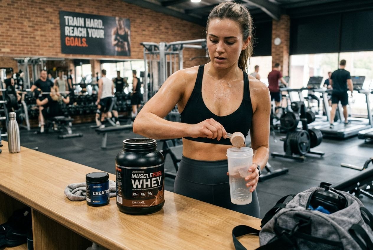 Woman in gym scooping protein powder into shaker, with whey container and supplements on the bench, fitness environment surrounding. protein powder types explained contact.