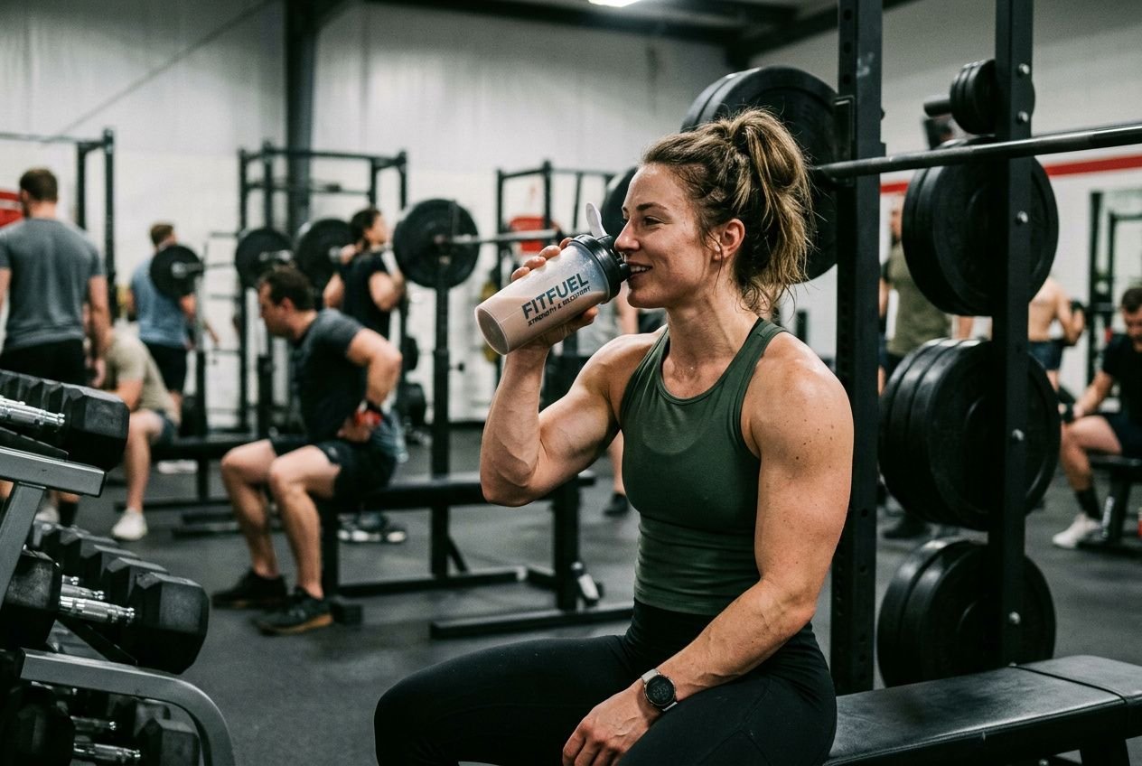 Woman in gym taking a sip from a protein shake cup between weightlifting benches and racks, demonstrating fitness routine. protein powder for weight loss and muscle gain female