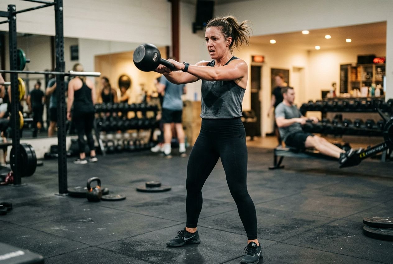 Woman performing a kettlebell front raise in a gym, focused and intense, with other gym-goers and equipment in the background. how many calories do i need to burn to lose 1 pound