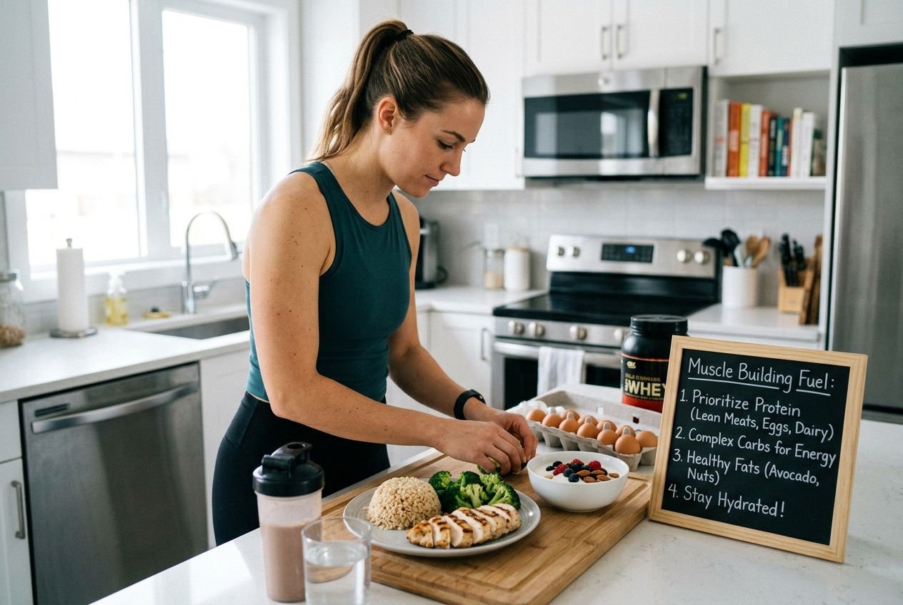 Woman preparing a balanced meal in a bright kitchen, with a chalkboard listing muscle-building tips and a plate of protein, carbs, and veggies. nutrition tips for building muscle integrated.
