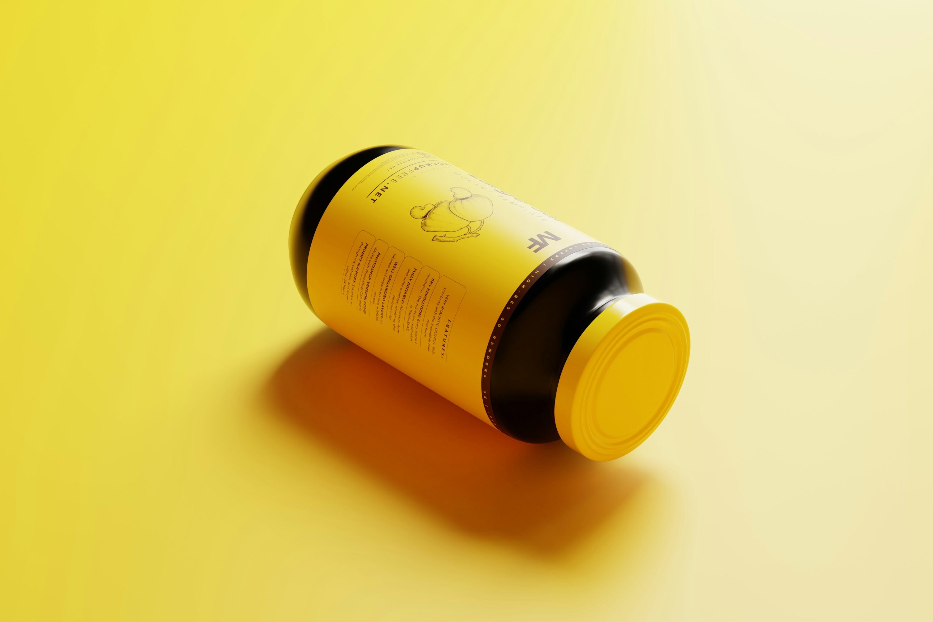 A yellow-capped bottle lying on its side against a bright yellow background, with a dark body and label facing up.