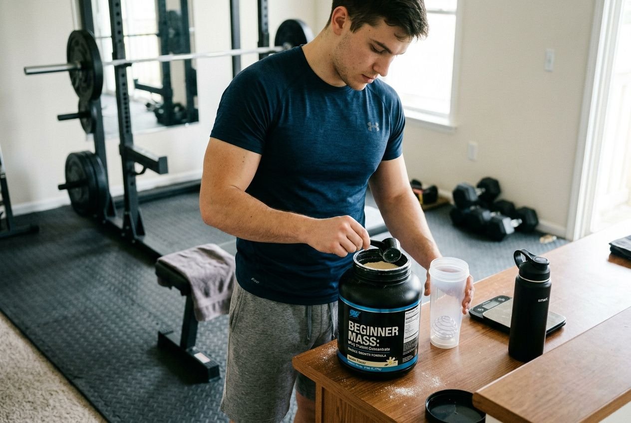 Young man scooping protein powder from a large container on a home gym table, with a shaker and scale nearby. protein powder for muscle gain for beginners uk