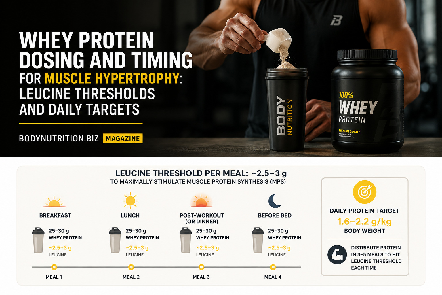 Whey protein dosing and timing for muscle hypertrophy: leucine thresholds and daily targets