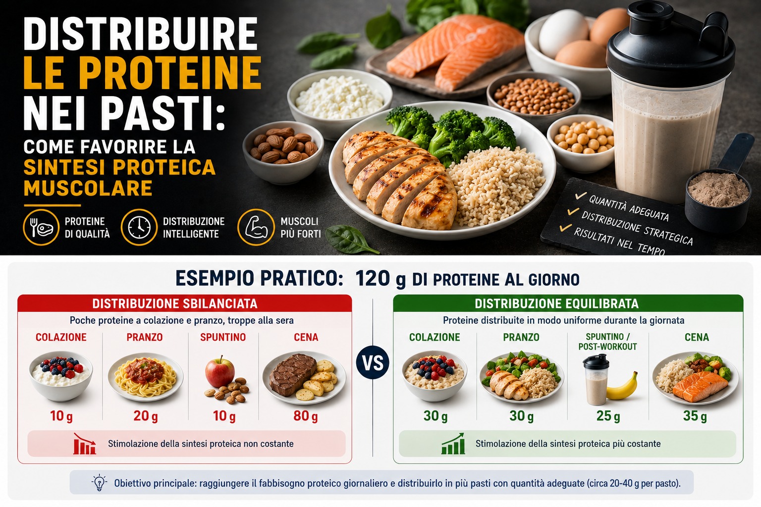 Distribuire le proteine nei pasti: come favorire la sintesi proteica muscolare
