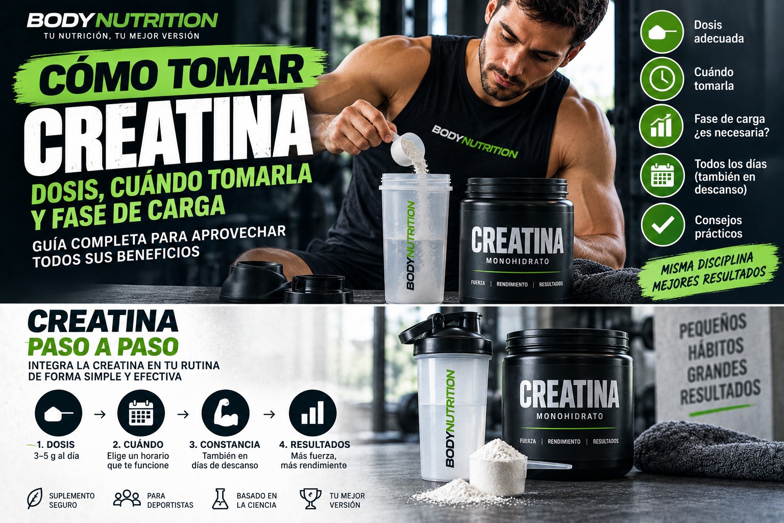 Cómo tomar creatina: dosis, cuándo tomarla y fase de carga